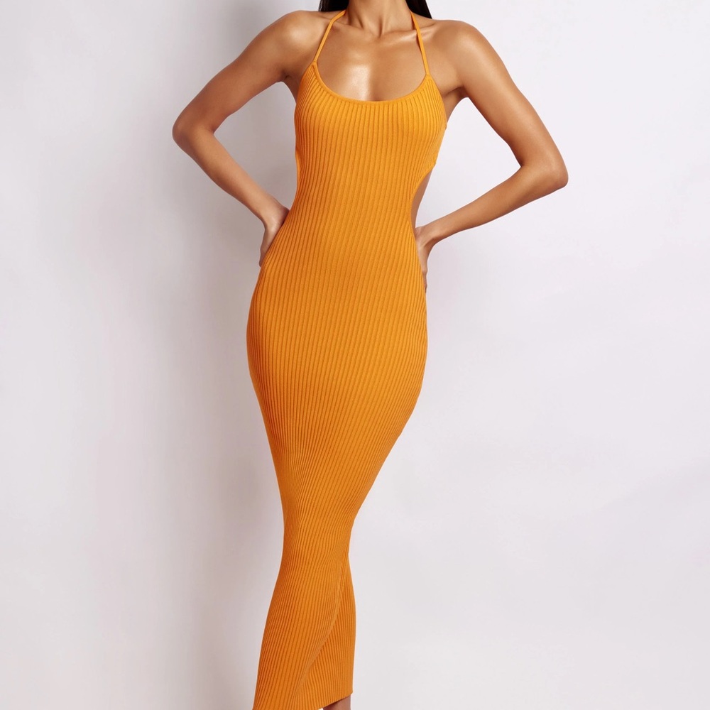 Meshki Orange Halter Knit Midi Dress